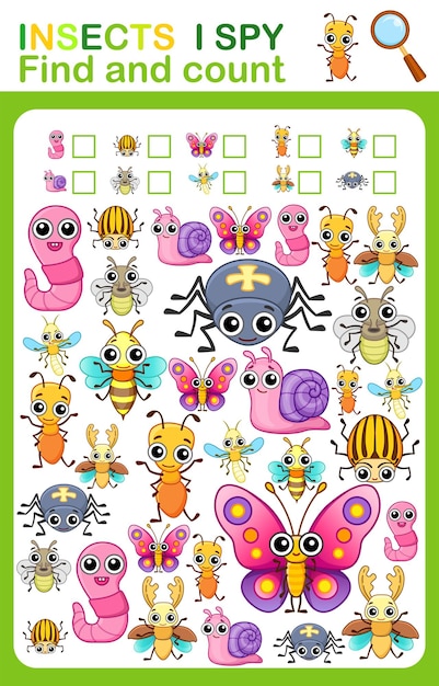 Feuille de travail imprimable pour la page de livre de la maternelle et du préscolaire, j'espionne le compte des insectes