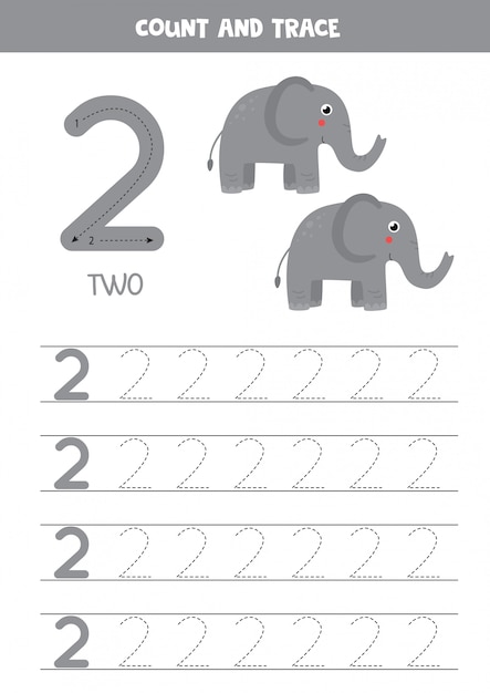 Feuille De Travail Pour Apprendre Les Nombres Avec Des éléphants Mignons. Numéro 2.