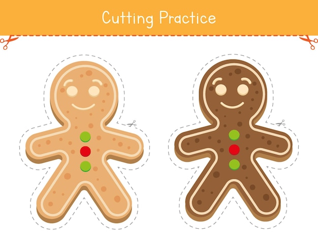 Feuille de travail de pratique de coupe pour Noël. Compétences en ciseaux pour les enfants. Feuille de travail des bonshommes en pain d'épice