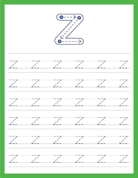 Feuille de travail pratique de traçage de l'alphabet de la lettre majuscule de l'écriture manuscrite cursive avec la direction de la flèche Z
