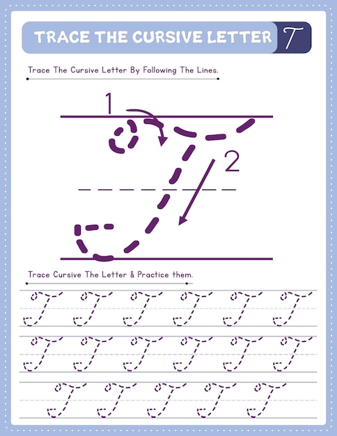 Feuille de travail pratique de traçage de l'alphabet de la lettre majuscule de l'écriture manuscrite cursive avec le sens de la flèche T