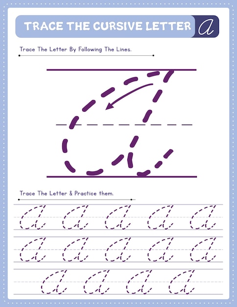 Vecteur feuille de travail pratique de traçage de l'alphabet de la lettre majuscule de l'écriture manuscrite cursive avec le sens de la flèche a