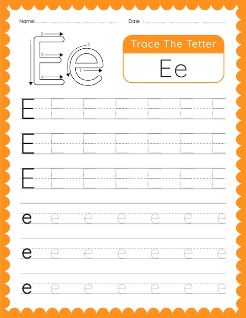 Feuille de travail de traçage de la lettre 'E' de l'alphabet vectoriel pour les enfants