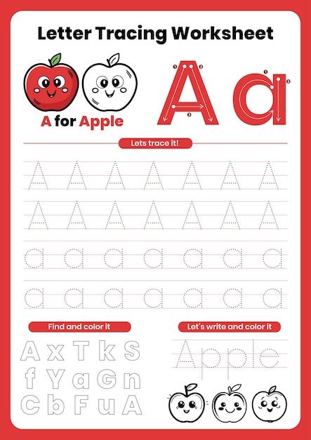 Vecteur une feuille de travail de traçage de lettres avec illustration de pomme rouge pour la maternelle