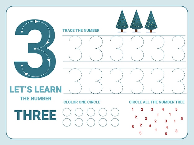 Feuille de travail de traçage numéro trois avec 3 arbres de Noël pour les enfants qui apprennent à compter et à écrire. Feuille de travail pour apprendre les nombres.