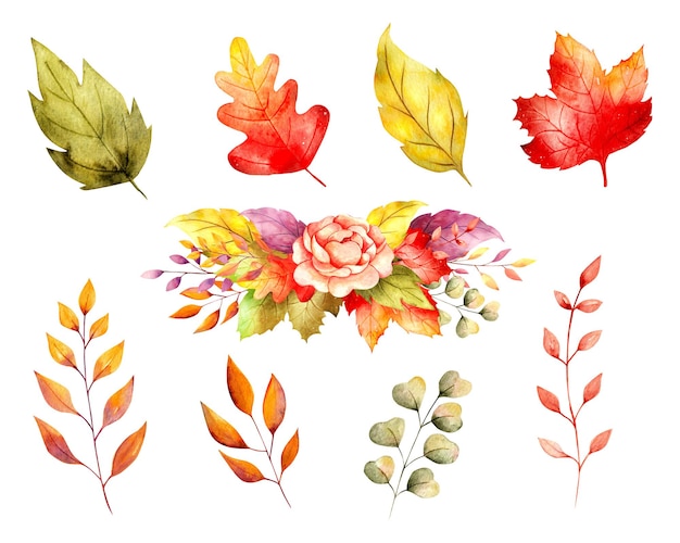 Vecteur feuilles d'automne aquarelle et ensemble de couronnes