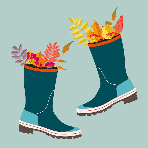 Vecteur feuilles d'automne dans la composition de wellies bottes de pluie vectorielles à la mode et feuilles desig illustration moderne