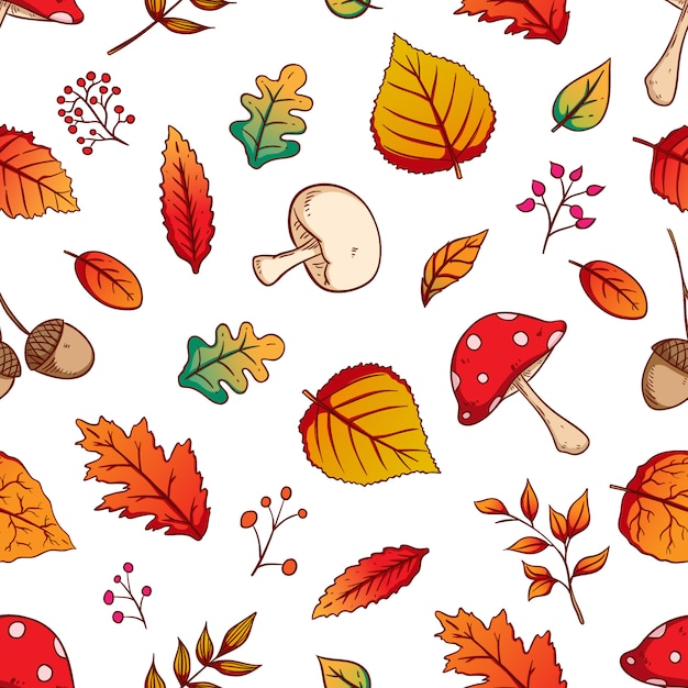 Feuilles D'automne Seamless Pattern Avec Style Coloré Dessinés à La Main Sur Fond Blanc