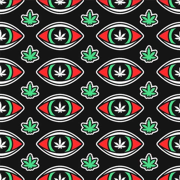 Feuilles De Cannabis De Mauvaises Herbes Et Modèle Sans Couture D'yeux Rouges. Conception D'icône D'illustration De Dessin Animé Dessinés à La Main De Vecteur. Trippy Marijuana Cannabis Weed Et Yeux Hauts, Concept De Modèle Sans Couture Dope