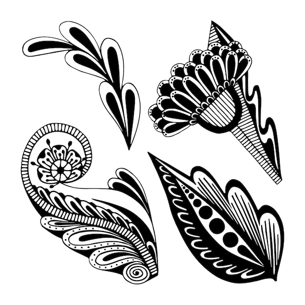 Feuilles de fleurs doodle dessin au trait plante fleurie marguerite feuillage Floral graphiques dessinés à la main noir blanc