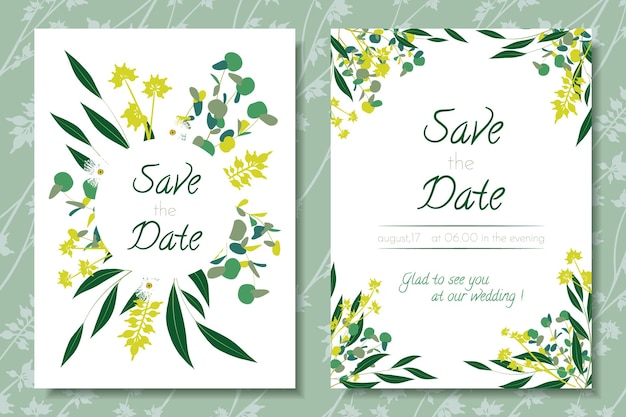 Feuilles Et Fleurs D'eucalyptus Dans Un Ensemble D'invitations De Mariage Rustique