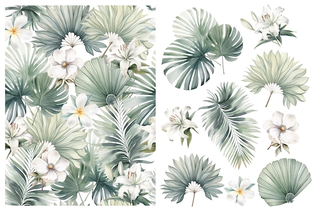 Vecteur feuilles et fleurs tropicales aquarelle motif sans couture fond floral vert