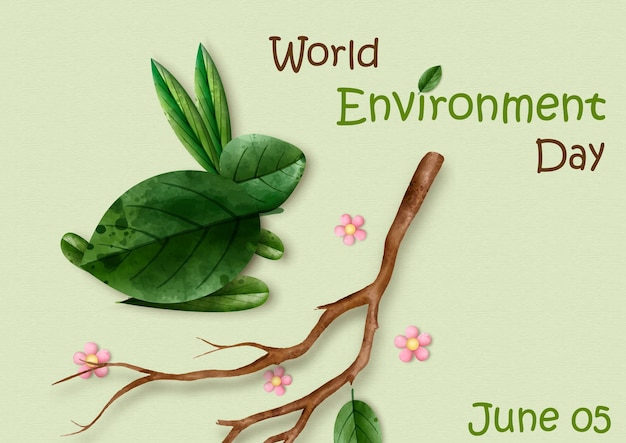 Feuilles en forme de lapin avec branche d'arbre et libellé de la journée mondiale de l'environnement sur fond vert Campagne d'affiches conceptuelles de la Journée mondiale de l'environnement dans le style aquarelle et la conception vectorielle