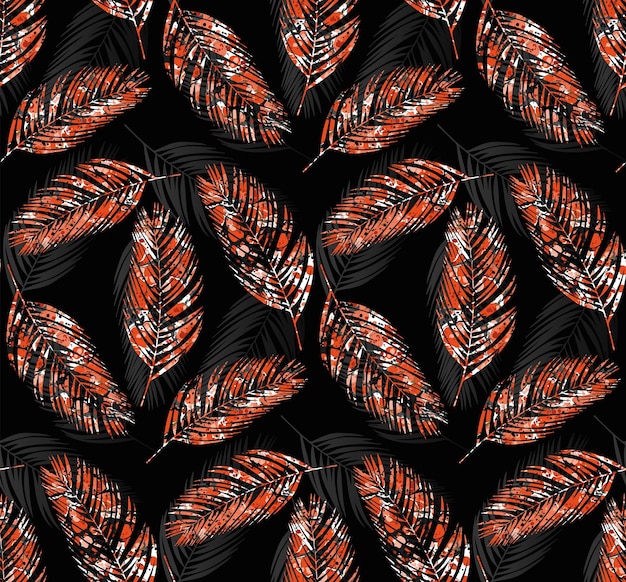 Feuilles de palmier tropical modèle sans couture, couleur rouge, effet de marbrure, illustration vectorielle