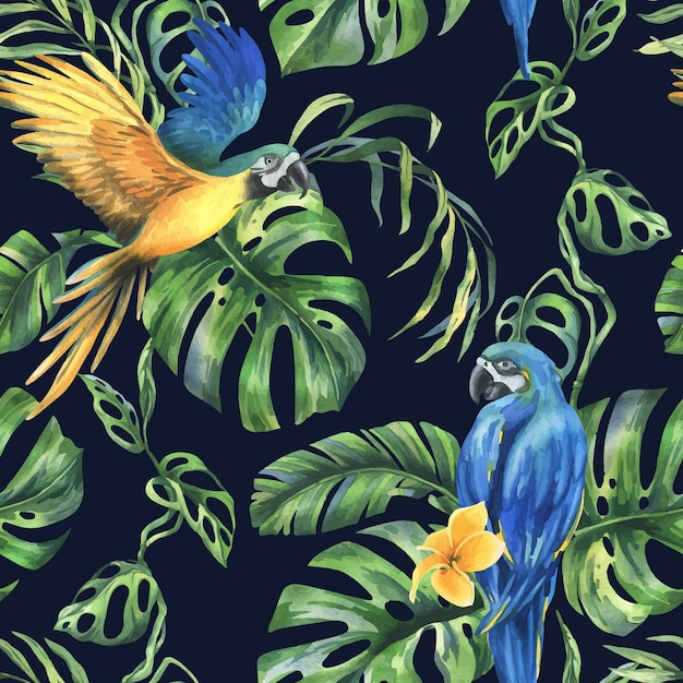 Les Feuilles De Palmier Tropical Monstera Et Les Fleurs De Plumeria Hibiscus Brillantes Et Juteuses Avec L'ara Bleu-jaune