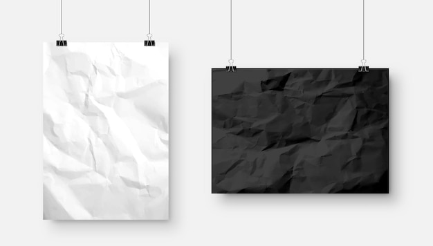 Vecteur des feuilles de papier blanches réalistes suspendues dans une taille avec l'ombre isolée sur fond gris noir et