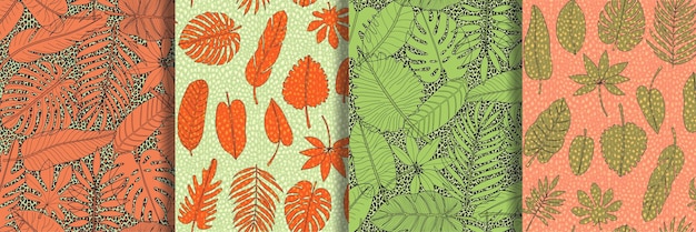 Feuilles De Plantes Tropicales Avec Ensemble De Motifs Sans Couture Imprimé Léopard