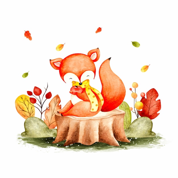 Feuilles Et Renard Automne Aquarelle