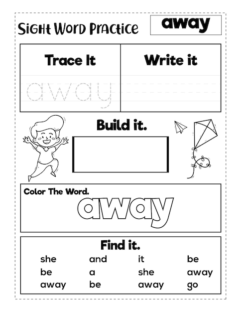 Vecteur feuilles de travail sur la pratique des mots à vue à la maternelle