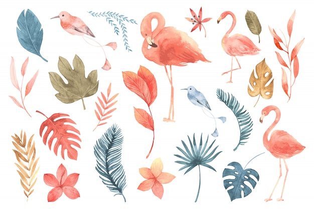 Feuilles tropicales et flamant rose.