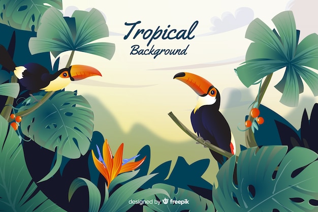 Vecteur feuilles tropicales et fond de tucans