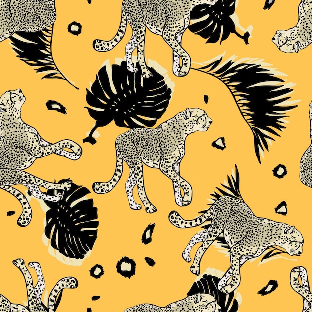 Vecteur feuilles tropicales et guépardes illustration sans couture léopard et jungle motif de tigre à la mode impression pour l'emballage de papiers textiles préparation pour les designers