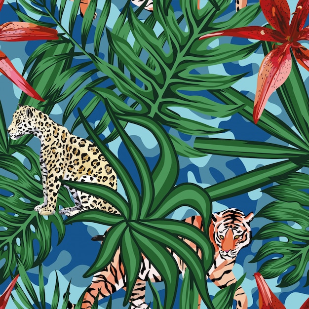 Vecteur feuilles tropicales de léopard tigre lily camo seamless background