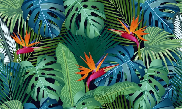Feuilles tropicales de modèle sans couture avec oiseau de paradis
