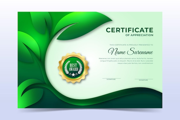 Vecteur feuilles vertes fraîches modèle de certificat écologique