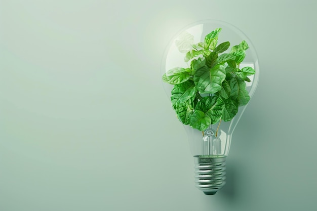 Des feuilles vertes volantes autour de l'ampoule remplie de feuilles Concept d'énergie verte renouvelable en 3D