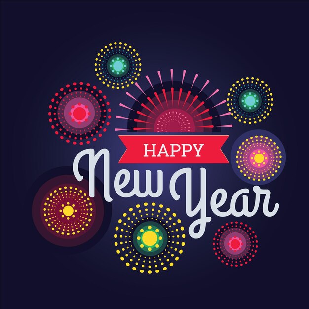 Feux d'artifice colorés Happy New Year vector illustration lumineux sur fond bleu foncé