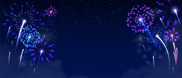 Feux d'artifice du festival sur fond de ciel Nouvel An et Noël voeux et invitation carte postale design Espace pour la présentation du texte Couverture d'affiche ou bannière Dessin animé illustration vectorielle plate