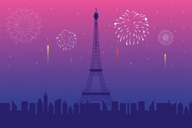 Feux D'artifice éclatent Des Explosions Avec La Scène De La Ville De Paris En Fond Rose