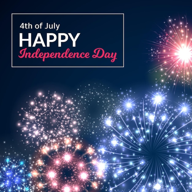 Feux d'artifice Jour de l'Indépendance 4 juillet Fête américaine Explosions pyrotechniques colorées festives Affiche de célébration Particules étincelantes dans le ciel La lumière de salut clignote Concept vectoriel