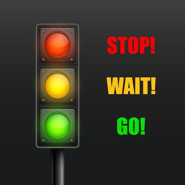 Feux de circulation routière détaillés réalistes vectoriels 3d isolés sur noir Stop Wait Go Signal Sign Safety Rules Concept Design Template Stoplight Traffic Lights Icon Banner