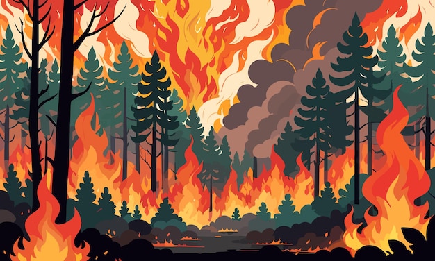 Feux de forêt induits par le réchauffement climatique en illustration vectorielle plane 2D