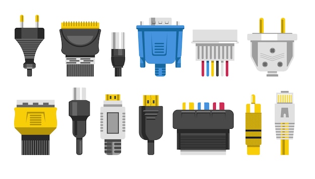 Vecteur fiches et connecteurs ou câbles de connexion câblage icônes isolées