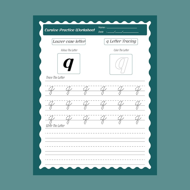 Vecteur fiches d'exercices de traçage des lettres en minuscule en cursive pour enfants d'âge préscolaire et enfants