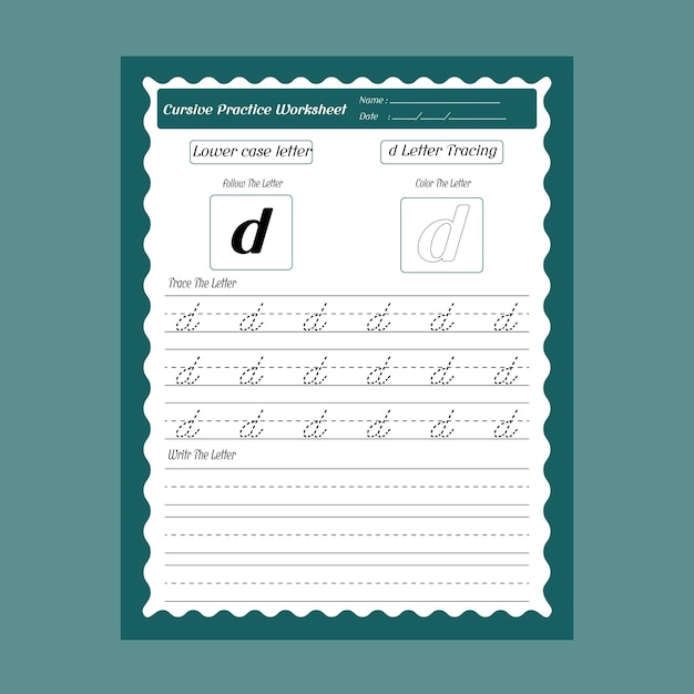 Vecteur fiches d'exercices de traçage des lettres en minuscule en cursive pour enfants d'âge préscolaire et enfants