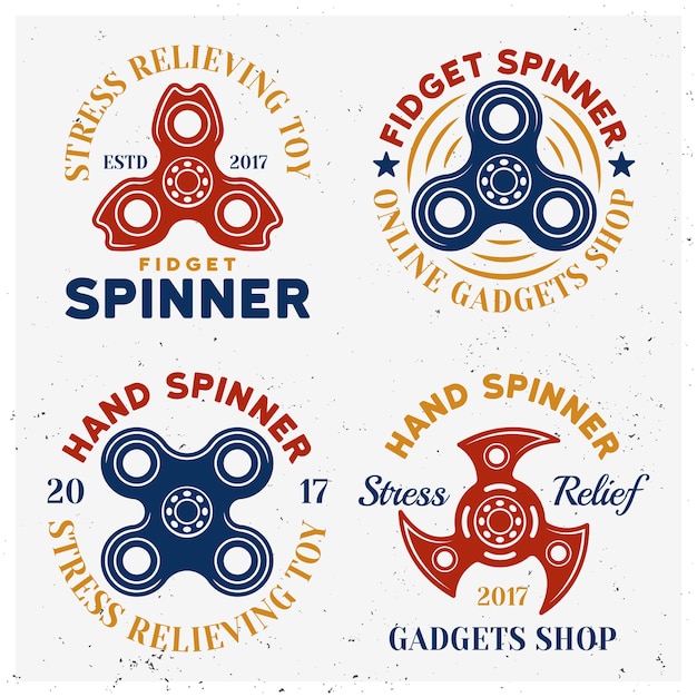 Fidget spinners emblèmes colorés, étiquettes, badges ou logos isolés sur fond blanc