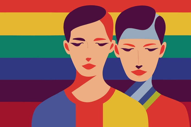Vecteur fierté et tolérance lgbtq les gars fiers regardent illustration arc-en-ciel