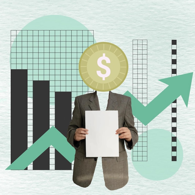 Figure d'affaires avec une tête de pièce tenant une feuille blanche devant des graphiques financiers et des diagrammes de croissance illustration vectorielle
