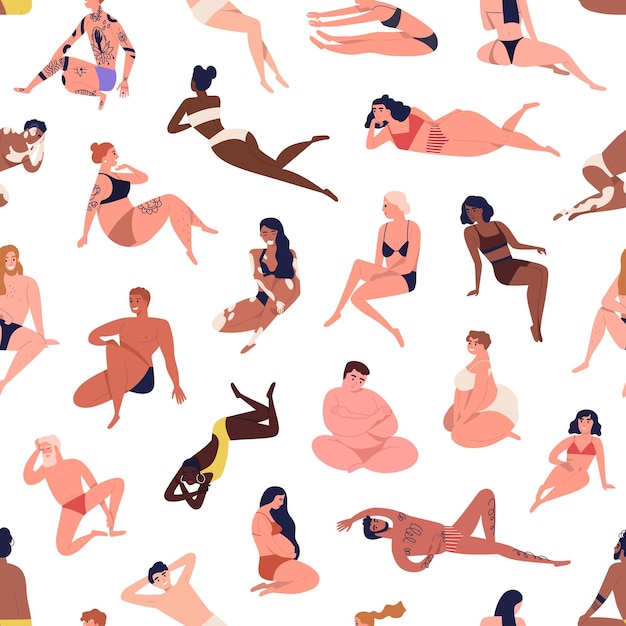 Figure Différente, Personnes Positives Pour Le Corps Multiraciale En Vêtements De Plage. Enceinte, Tatouée, Peau Foncée, Gros Hommes, Femmes. Modèle Sans Couture Et Sans Fin. Illustration De Vecteur De Dessin Animé Plat Isolé Sur Fond Blanc.