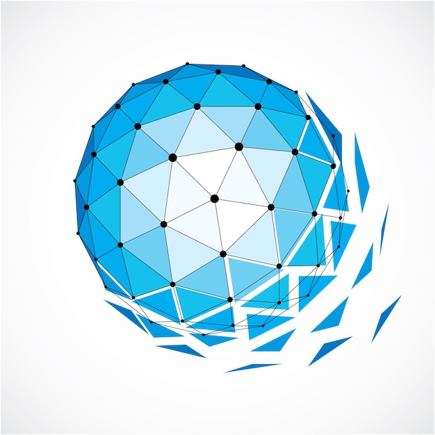 Figure à facettes 3d abstraite avec lignes et points noirs connectés. Élément de conception bleu vecteur low poly, forme d'orbe cybernétique avec grille et maillage de lignes.