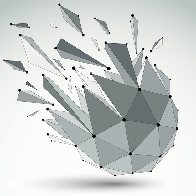 Figure à facettes 3d abstraite avec lignes et points noirs connectés. Élément de conception vecteur low poly brisé avec des fragments et des particules. Effet détonant.