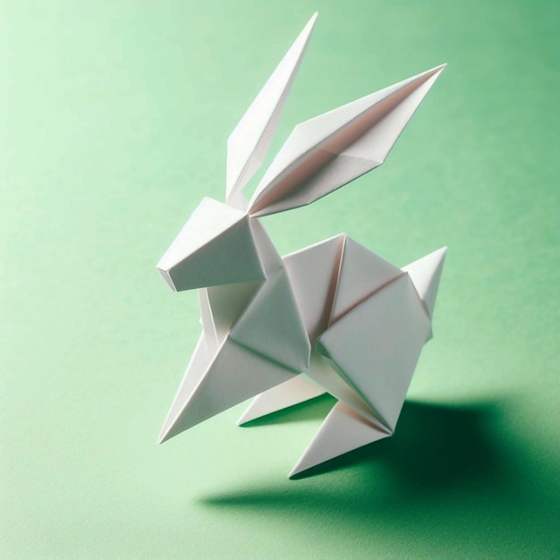 une figure d'origami blanche sur un fond vert