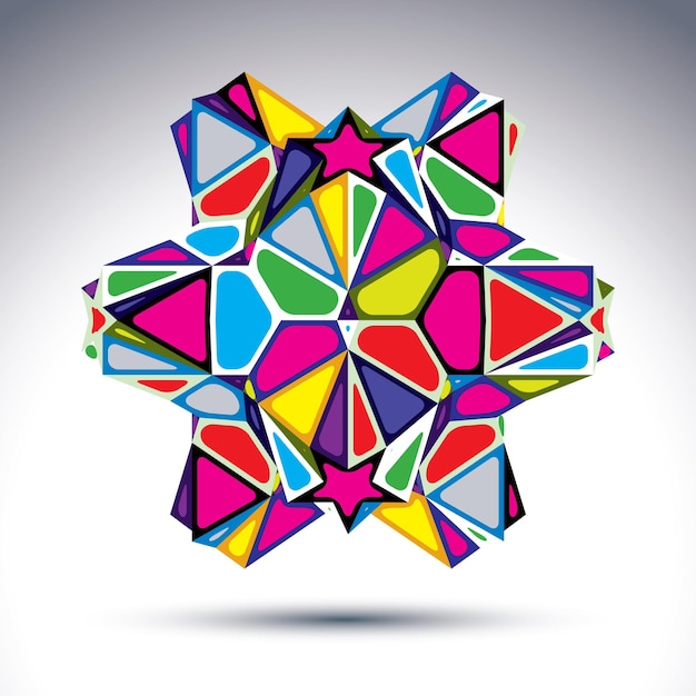 Figure psychédélique abstraite 3d riche construite à partir de triangles et d'éléments géométriques. Objet de conception compliqué de vecteur, effet de trésor.