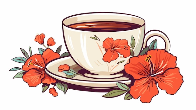 Figure d'une tasse de café et de thé avec des fleurs sur un vecteur de fond blanc