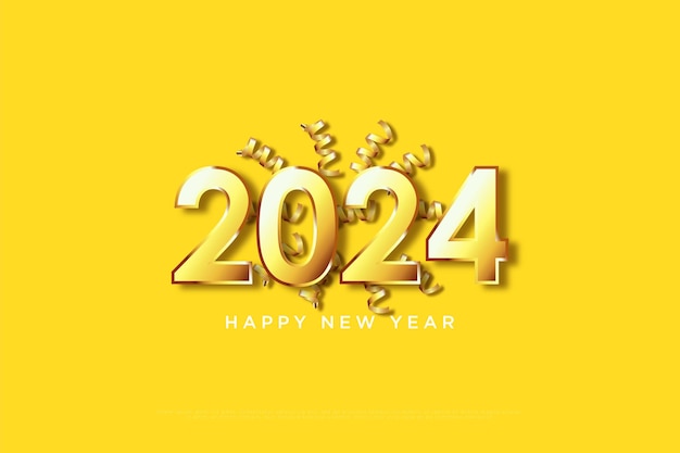 Figures de célébration de la nouvelle année 2024 avec un ornement de ruban doré réaliste