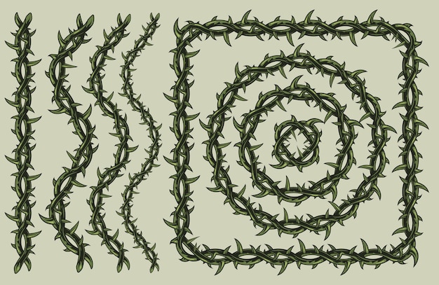 Fil De Fer Barbelé Vert Avec Des Formes Carrées Et Circulaires D'onde De Ligne Isolées